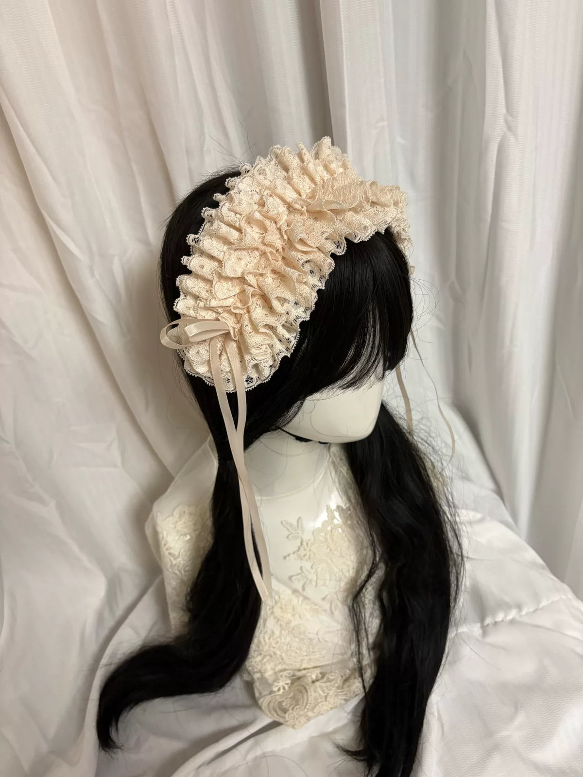 Cream Ruffled Lace Headband with Satin Bows