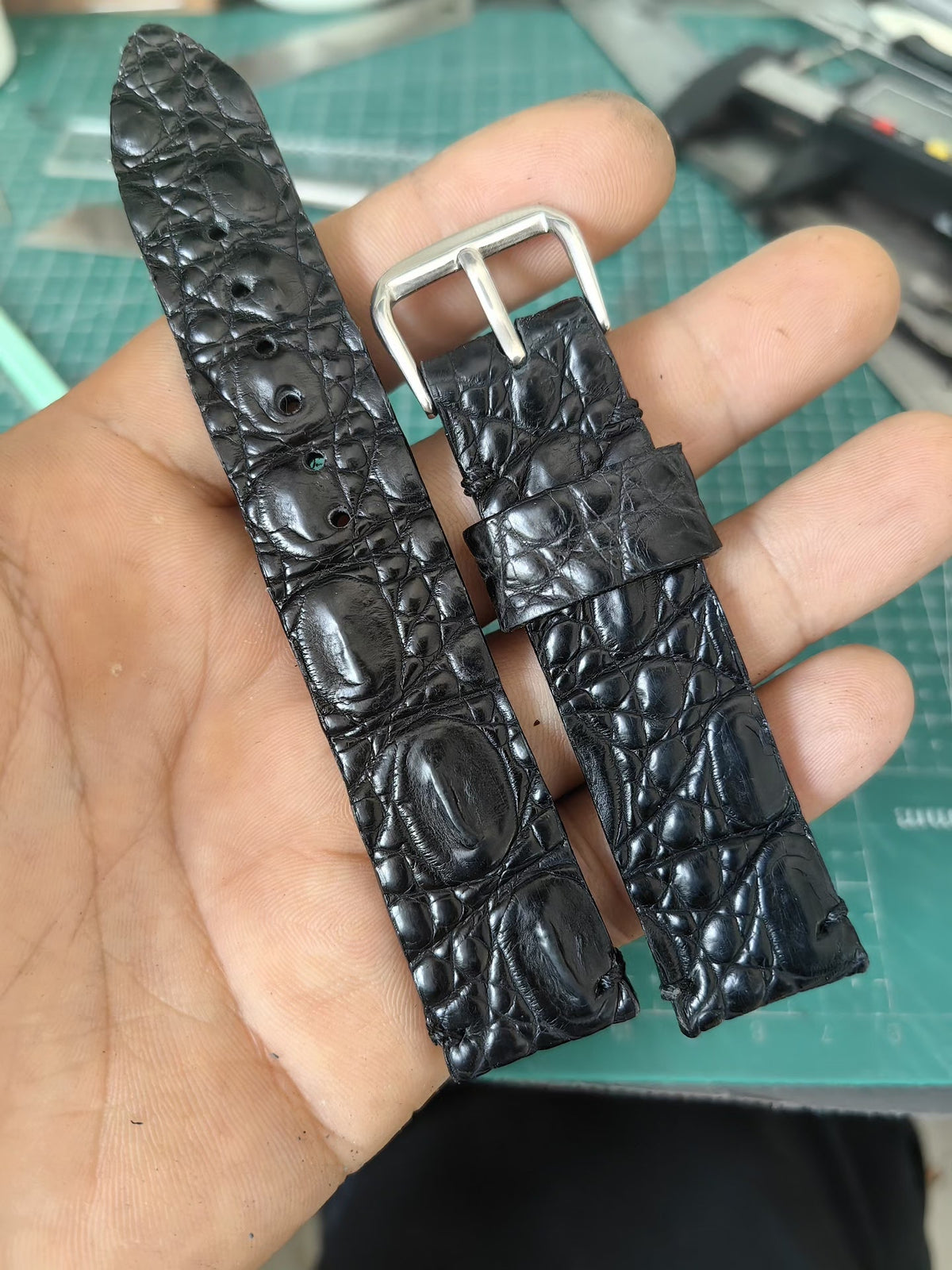 Handmade Black Crocodile Spine Leather Watch Strap