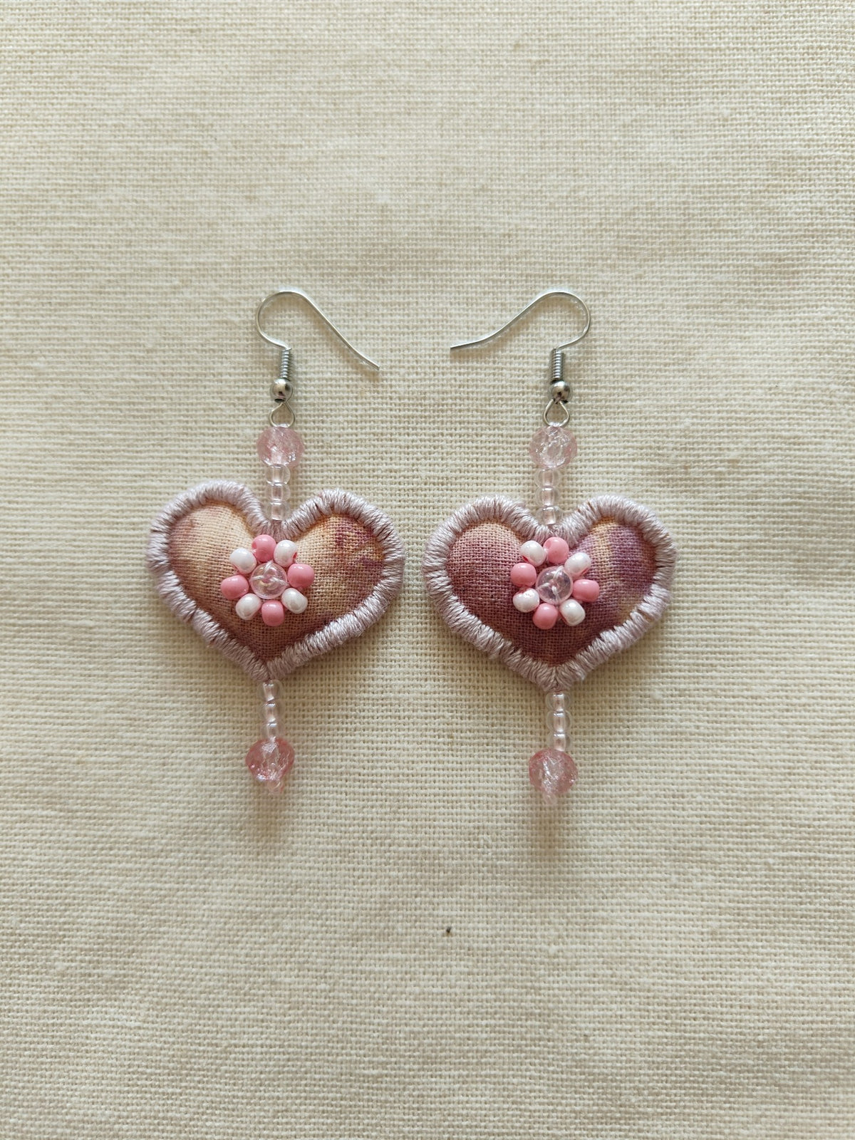 Handmade Fabric Earrings Pink Beaded Fringe
