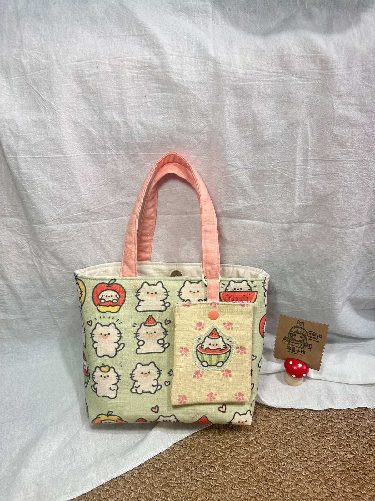 Watermelon Cat Patterned Tote Bag
