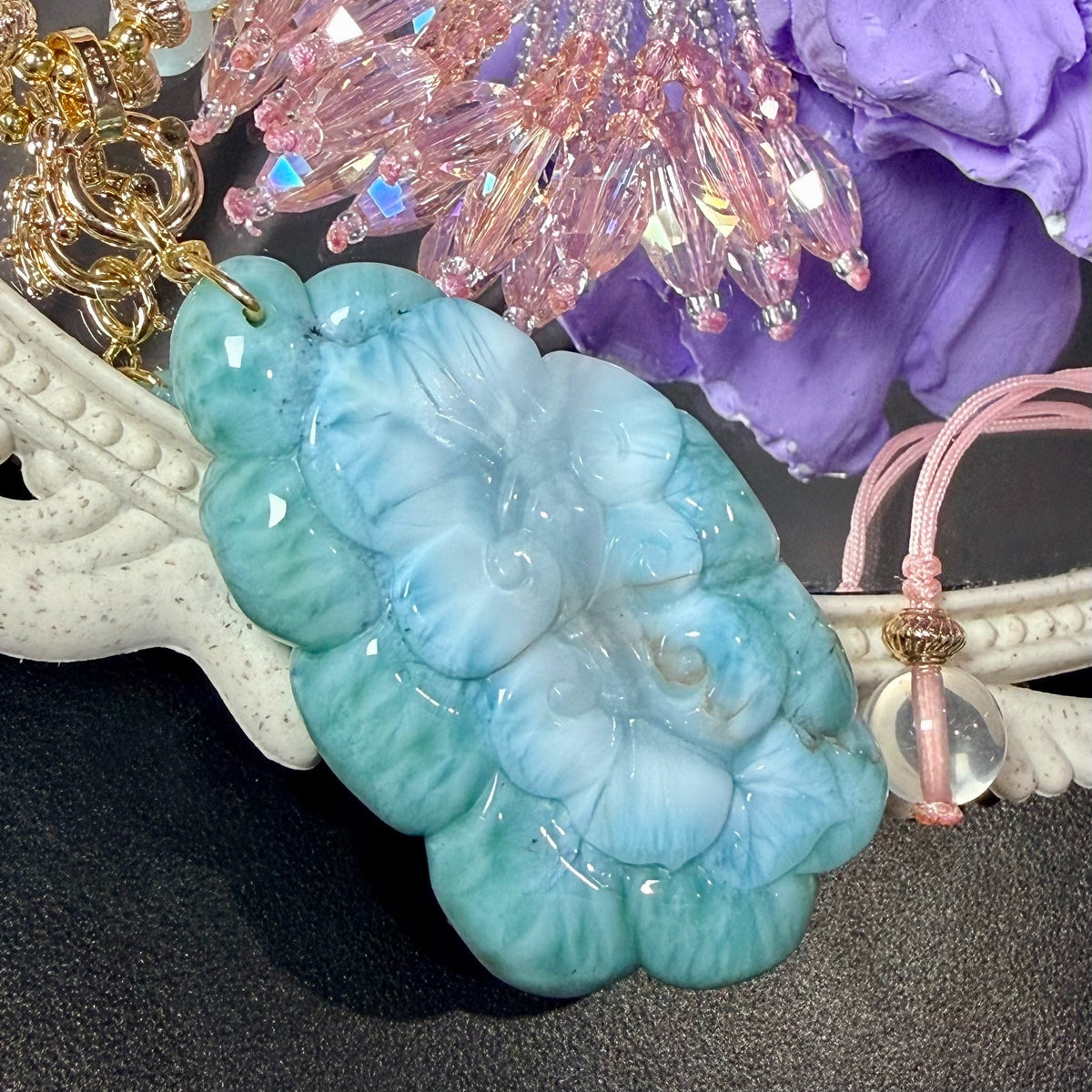 Pendente Larimar Fox com Quartzo Rosa e Borlas