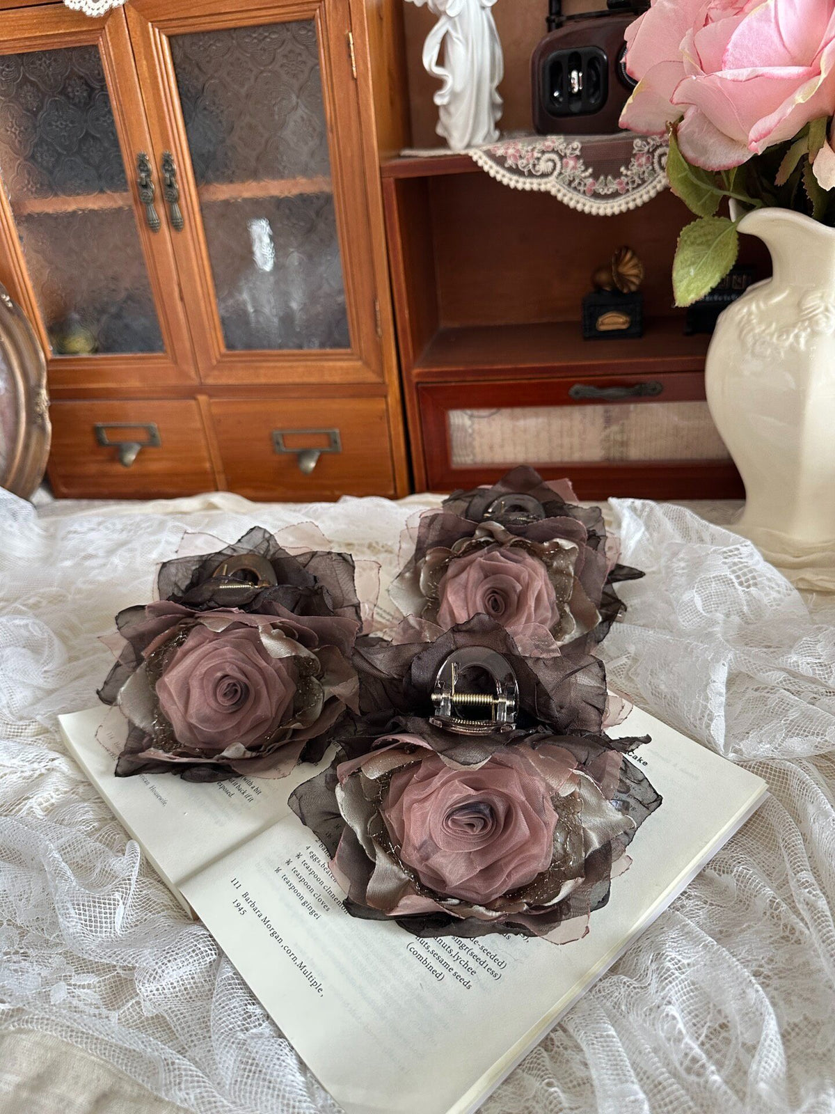 Handcrafted Fabric Rose Smoky Brown Hair Claw Clip