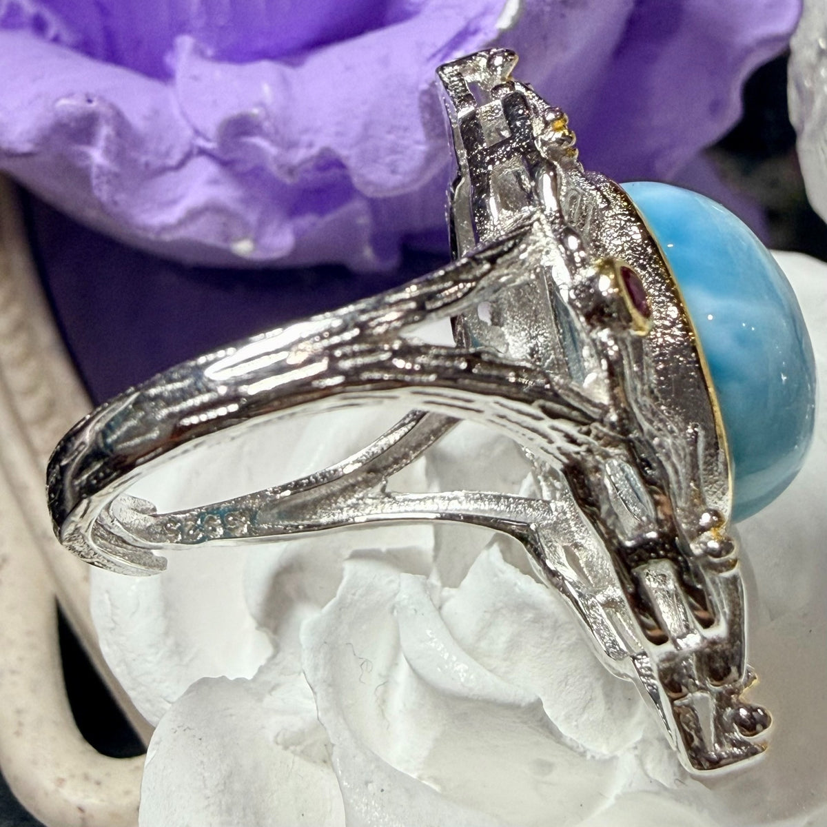 Bague Larimar Argent 925 Doré Florale