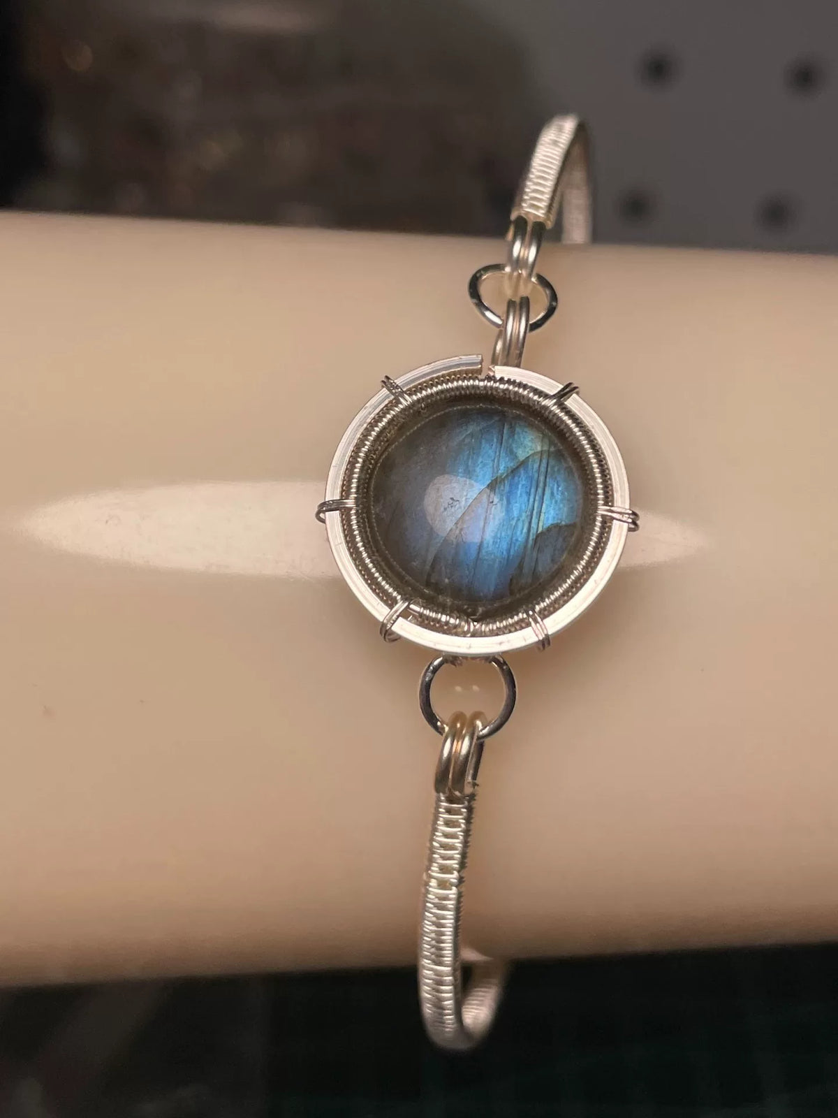 Blue Flash Labradorite Wire Wrapped Bracelet