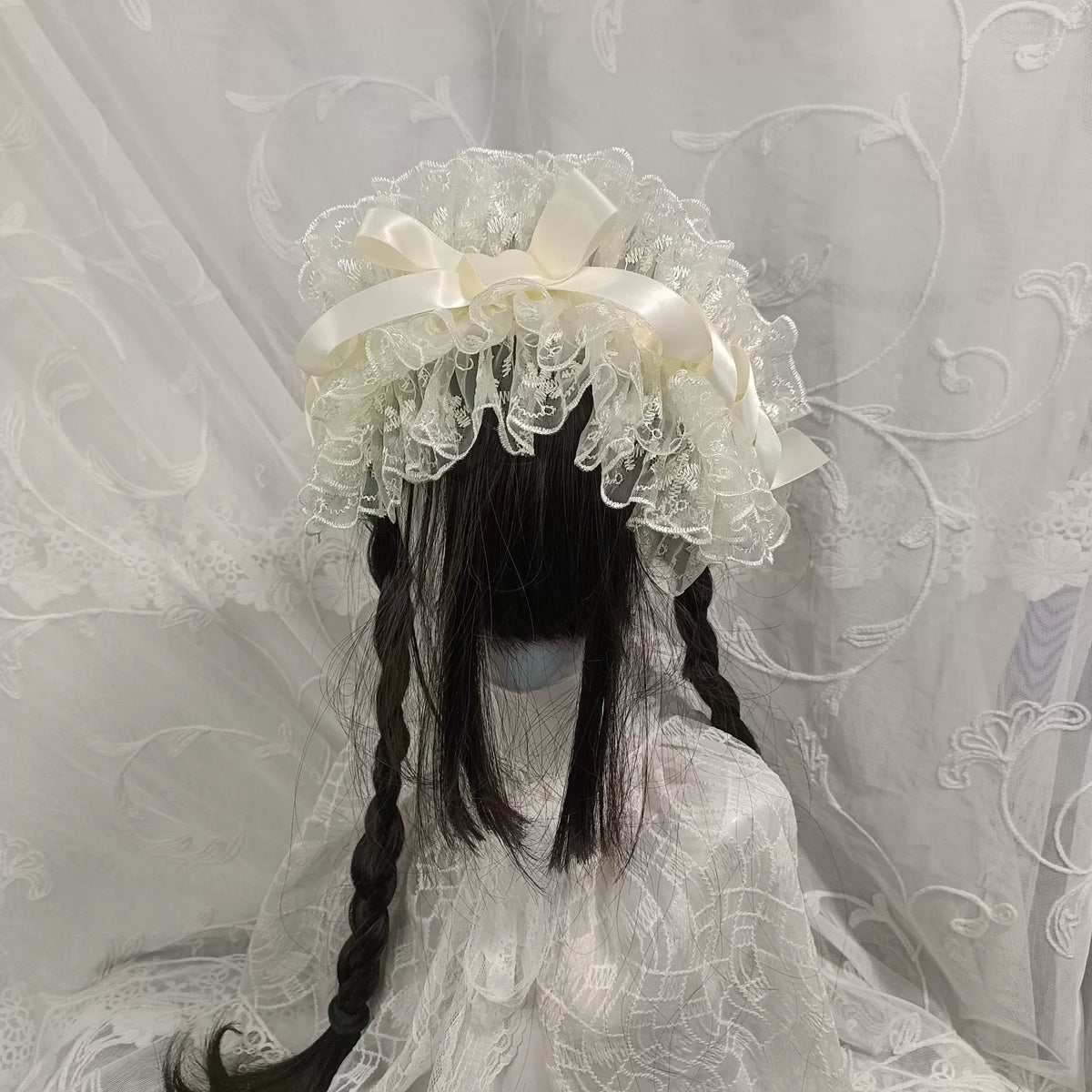 Ivory Lace Ruffle Headband with Satin Ribbon