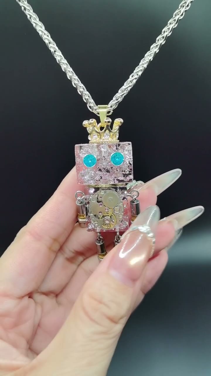 Pink Robot Pendant with Crown