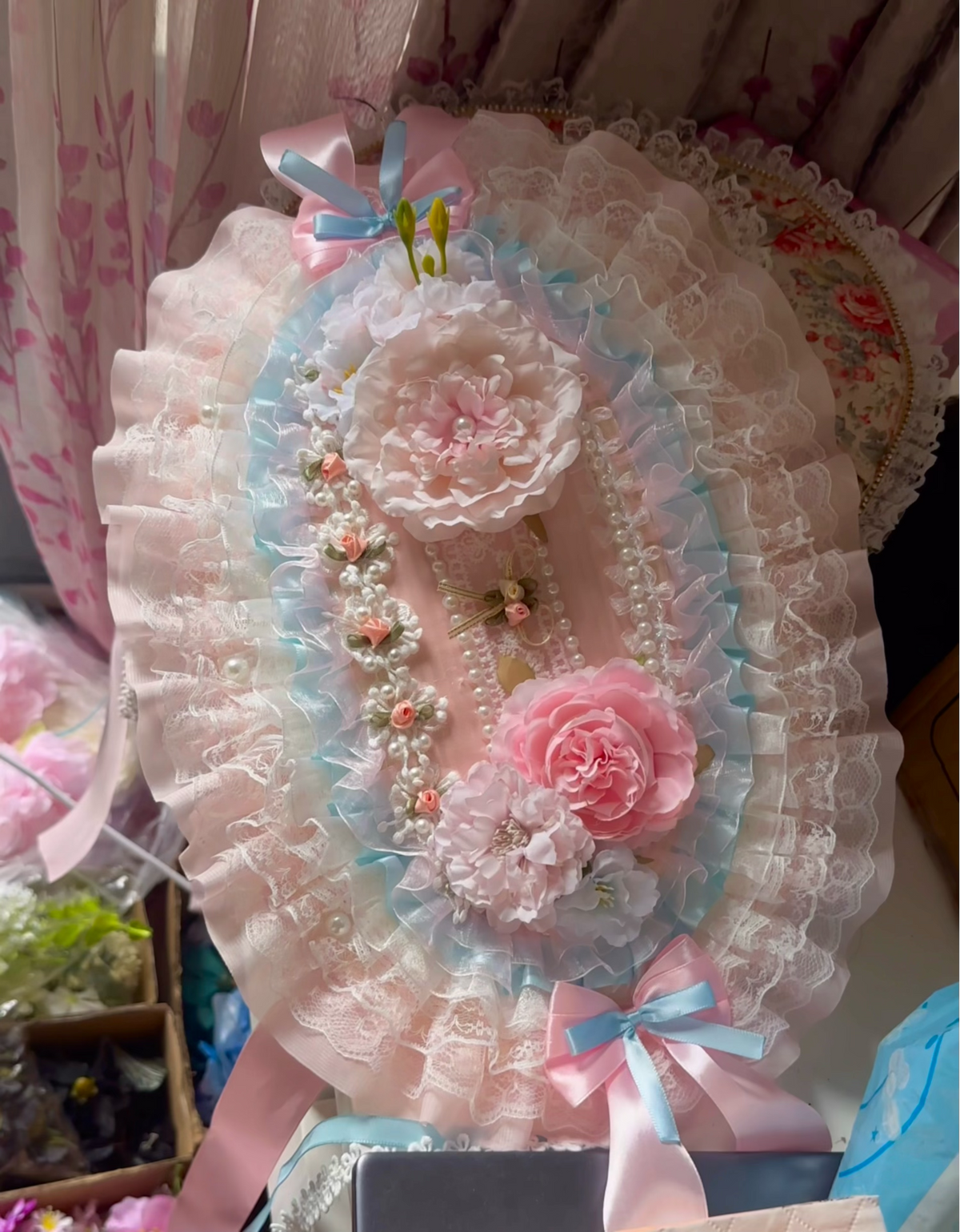 Blue Pink Lace Bonnet with Pearl Fringe