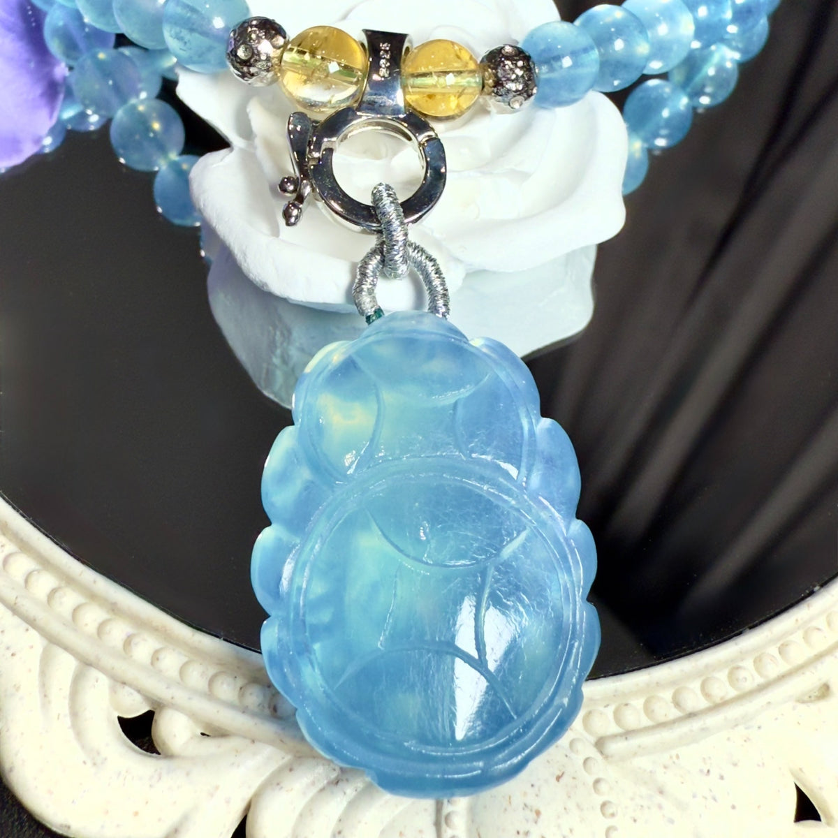 Natural Aquamarine Fox Pendant Necklace Set