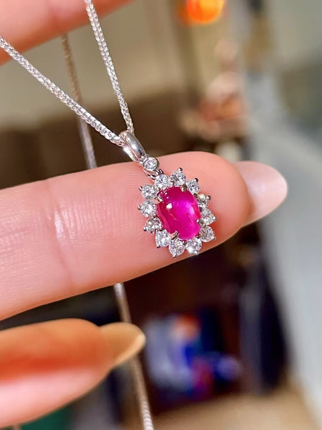 18k Gold Star Ruby Pendant with Diamond Halo