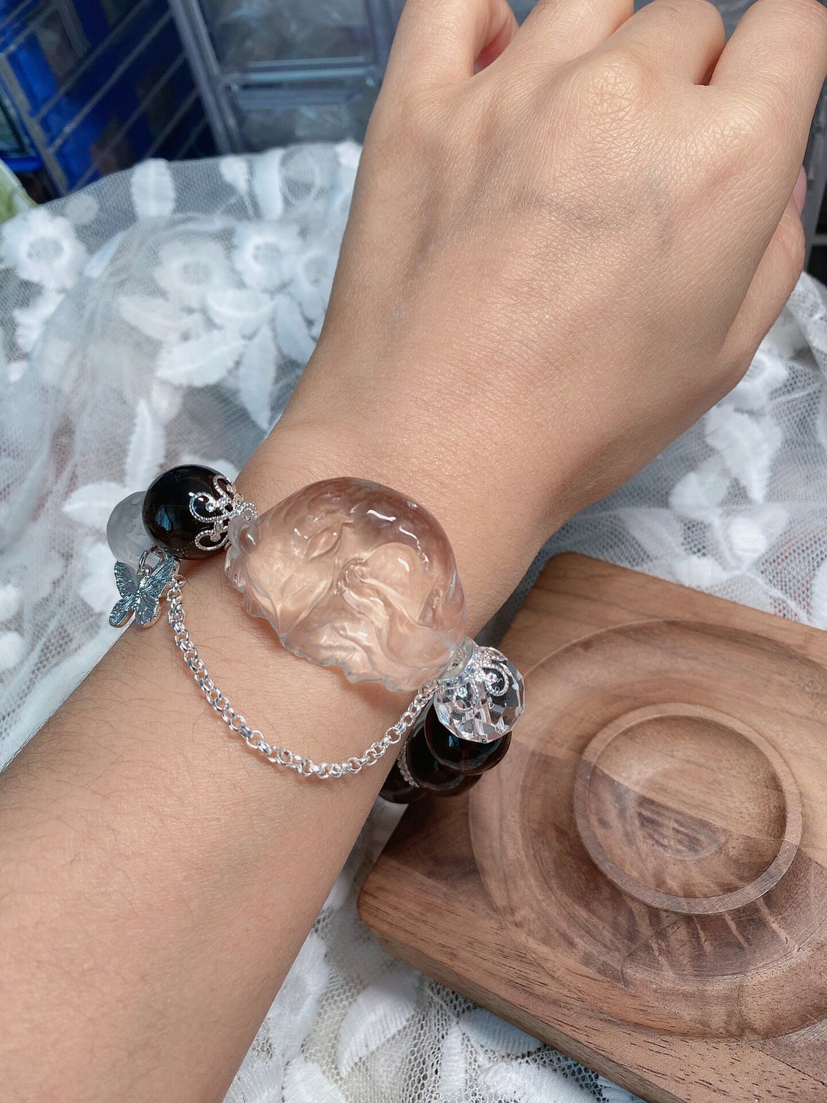 Smoky Quartz Clear Quartz Fox Pendant Bracelet