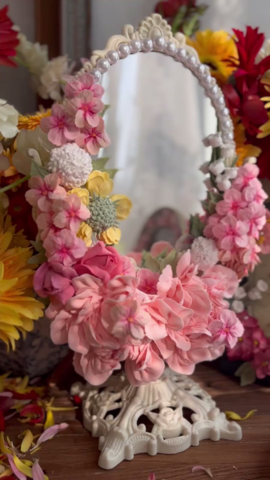Clay Flower Decorated Oval Mirror