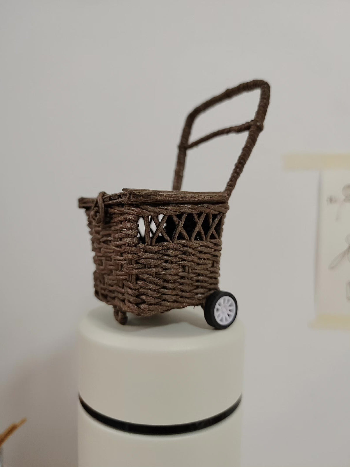 Miniature Paper Rattan Pull Cart Basket