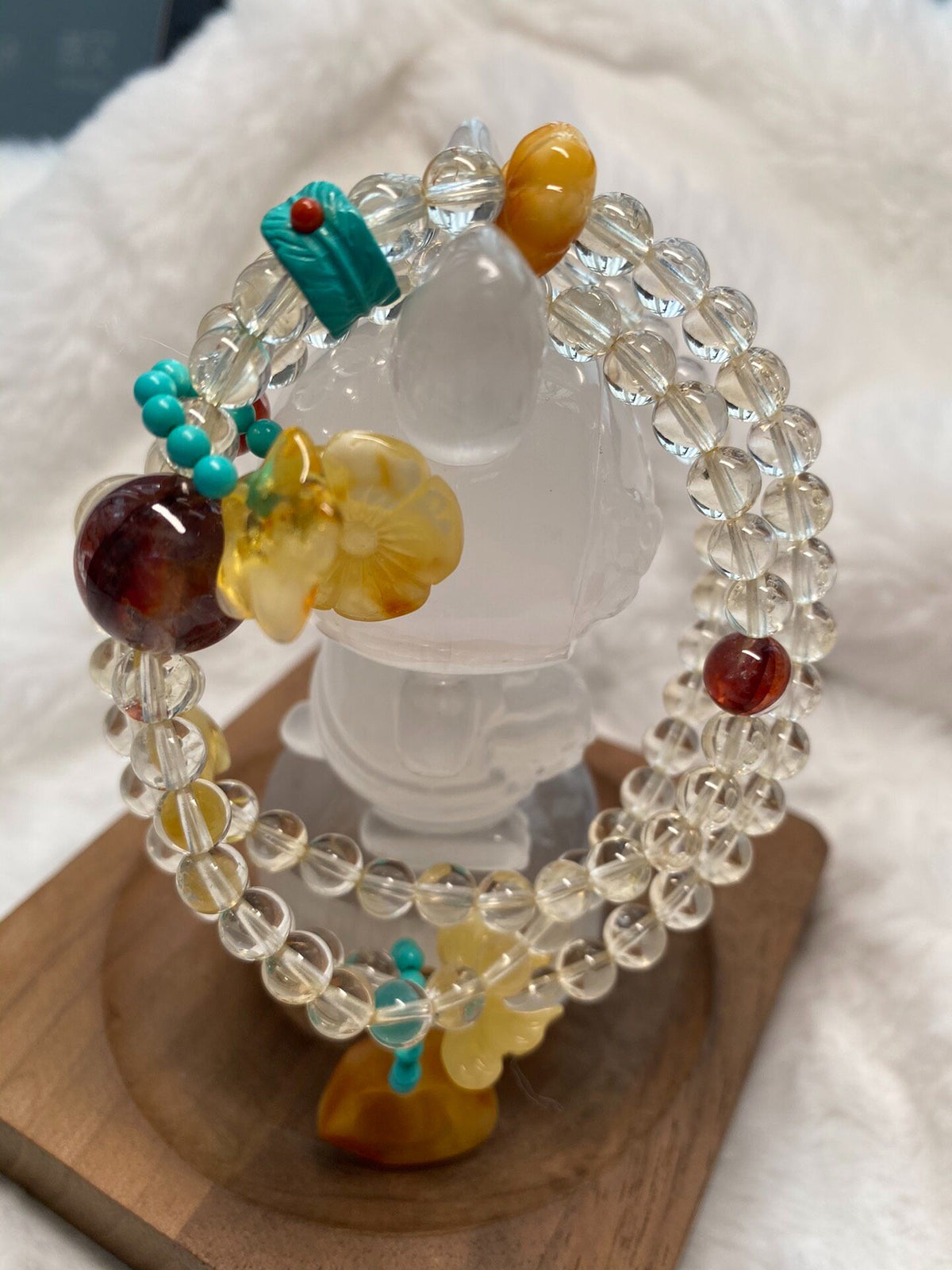 Crystal Agate Amber Pixiu Triple Wrap Bracelet