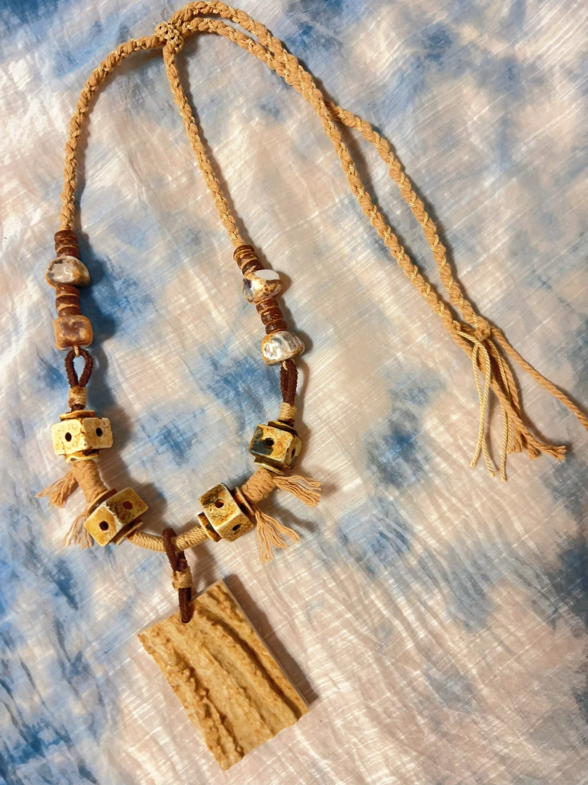 Handwoven Antler Pendant Necklace with Agate Beads