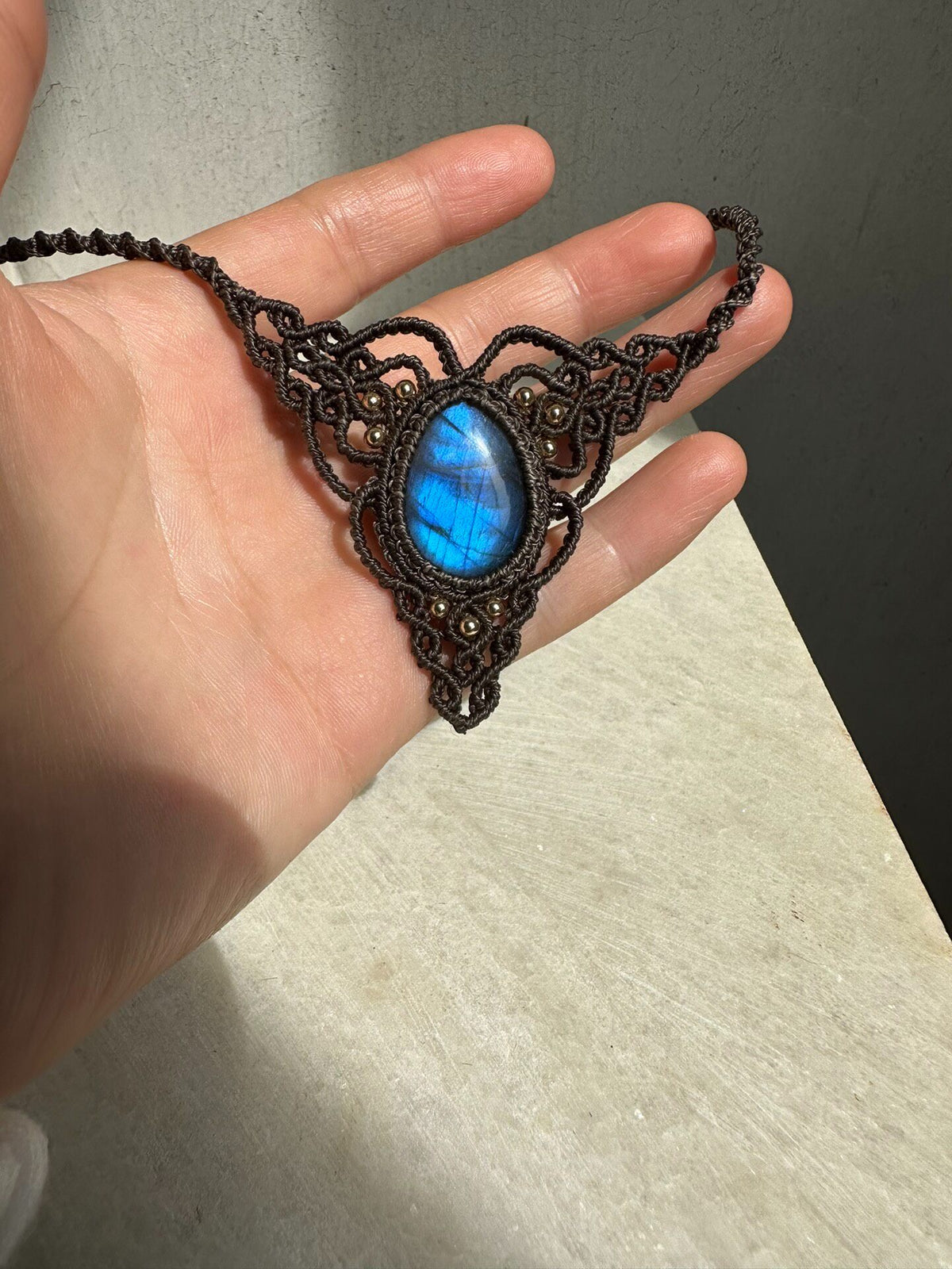 Natural Labradorite Macrame Necklace Teardrop Pendant