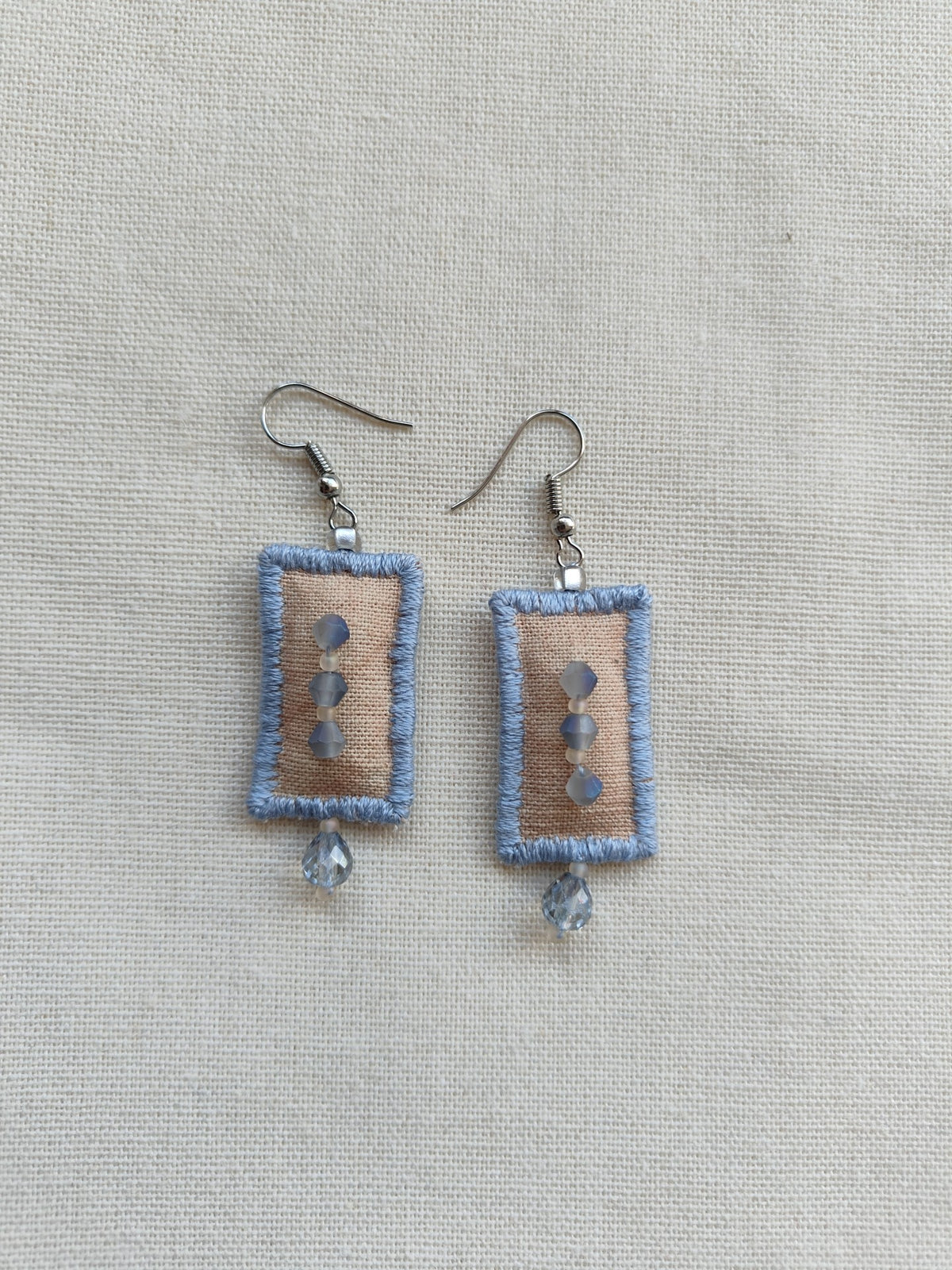Blue Fabric Beaded Tassel Earrings