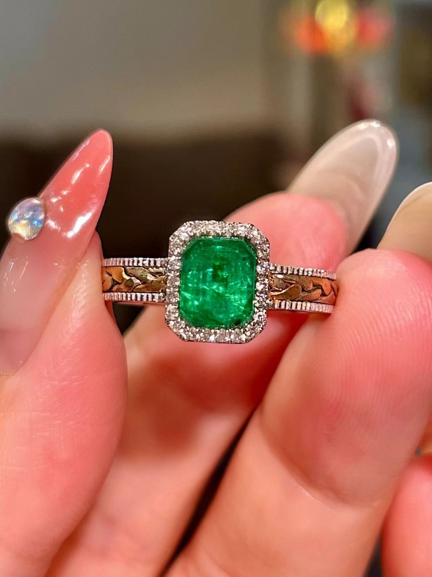 18k Tri-Color Gold Woven Band Emerald and Diamond Ring