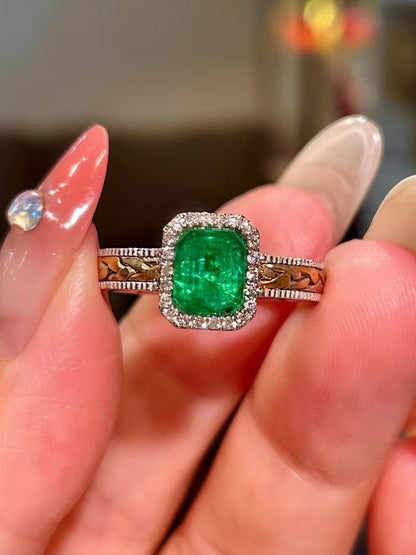 18k Tri-Color Gold Woven Band Emerald and Diamond Ring