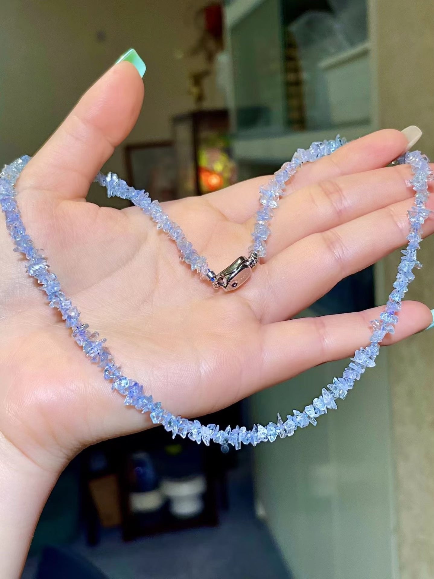 Aquamarine Chip Necklace, 44.5 cm, Silver Clasp