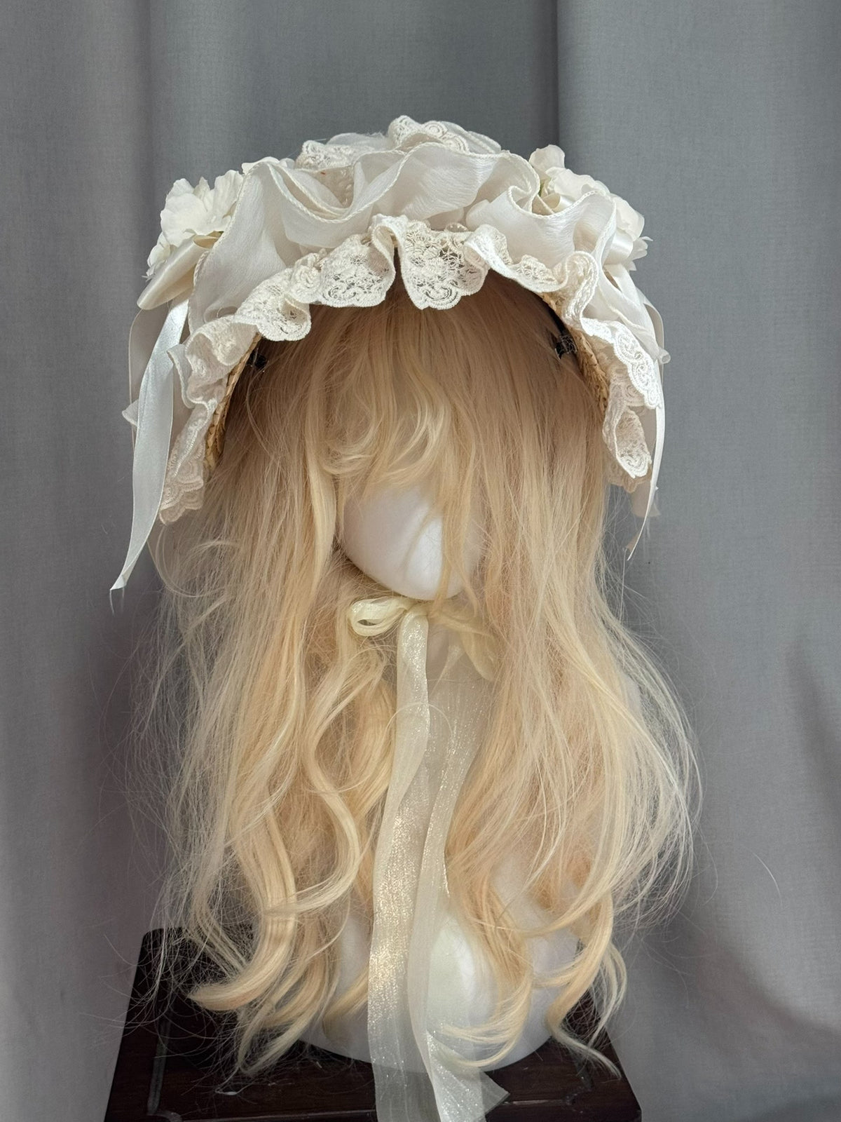Handmade Lolita Straw Bonnet with Lace Flowers