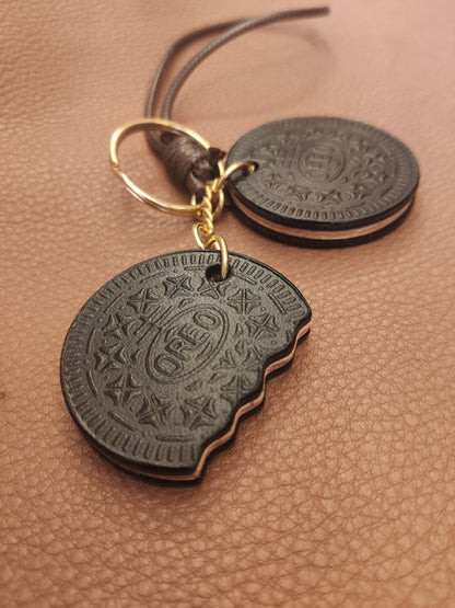 Handmade Oreo Cookie Leather Keychain with Bite Detail