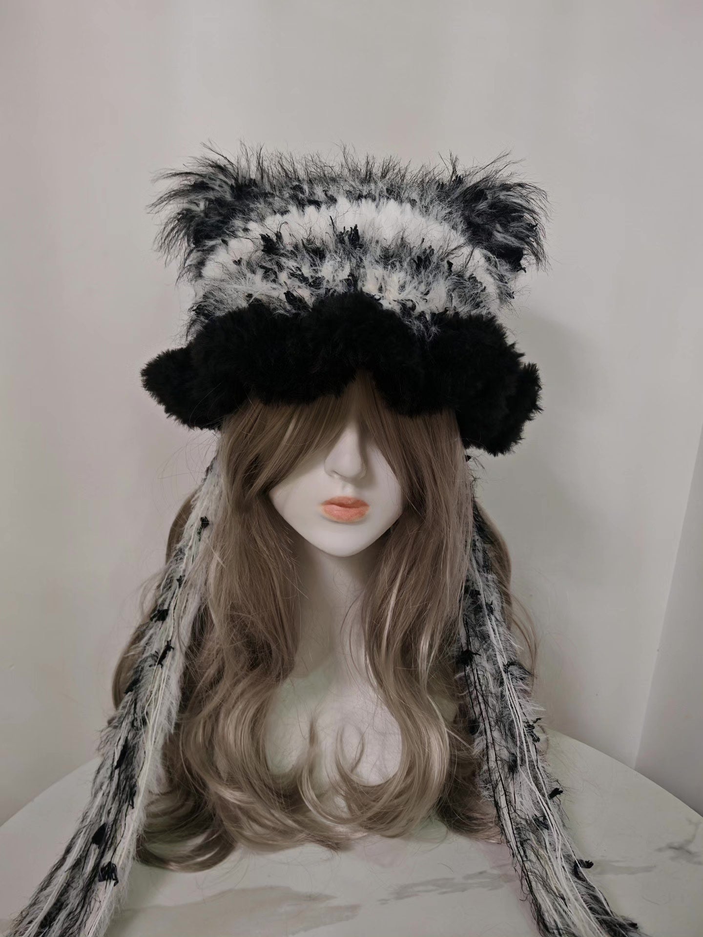 Classic Black White Cat Ear Hat - Handmade Plush Zebra Stripe Beanie