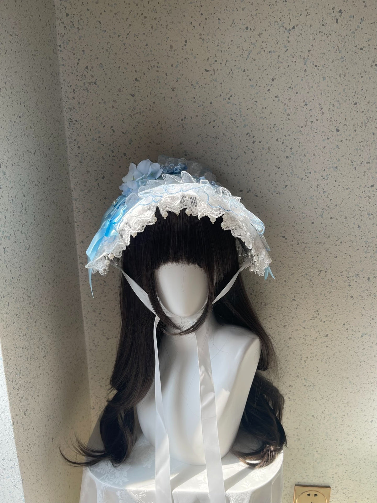 Lolita Blue Flat Bonnet with Lace