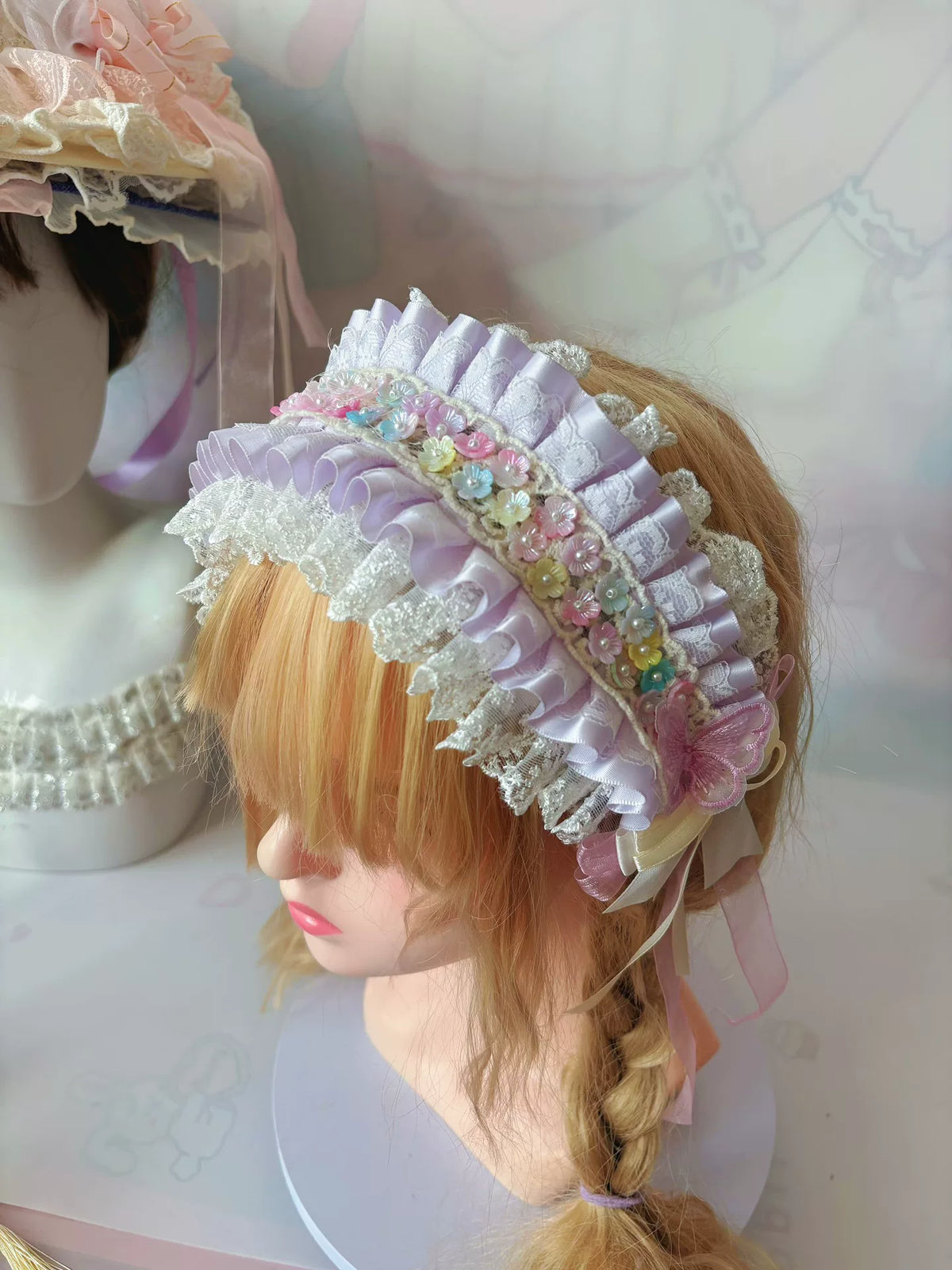 Diadema manual de cinta y encaje Lolita en tonos púrpura