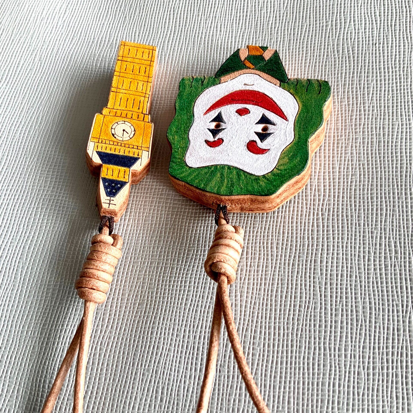 Hand-Painted Leather Joker & Clock Tower Charms for Bag, Key, or Journal