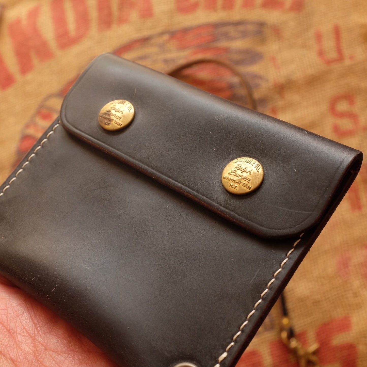 Black Leather Flap Pouch with Brass Snap Buttons and Contrast Stitching
