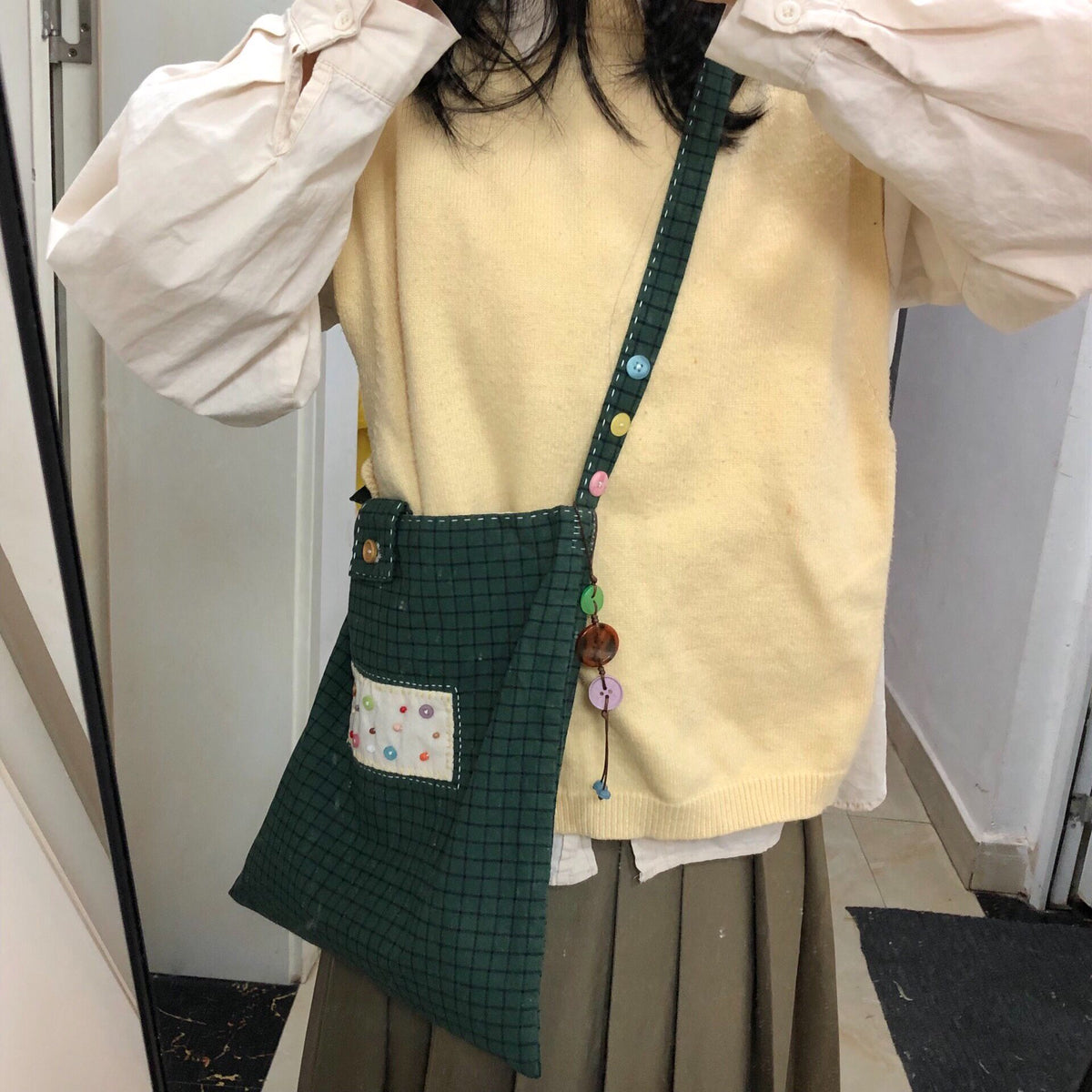 Handmade Adjustable Dark Green Checkered Canvas Bag