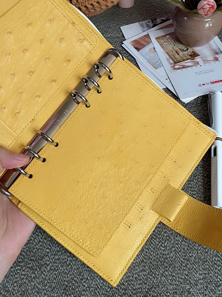 Ostrich Leather Ring Planner Cover Mustard Yellow