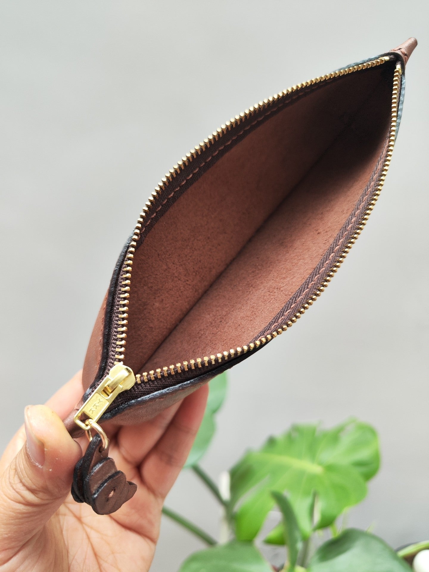 Handmade Leather Pencil Case, Imported Waxed Vegetable-Tanned Cowhide, Croissant Charm