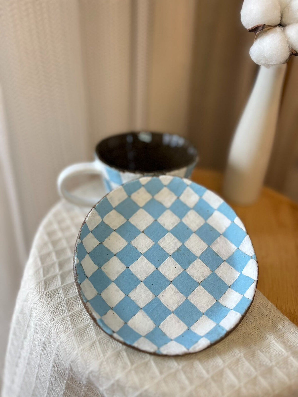 Handmade Black Clay Checkered Mug Set