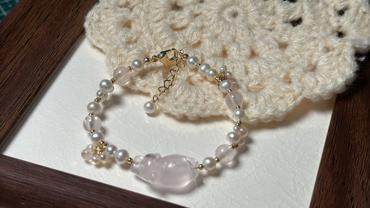Handmade Rose Quartz Cat Pearl Woven Bracelet