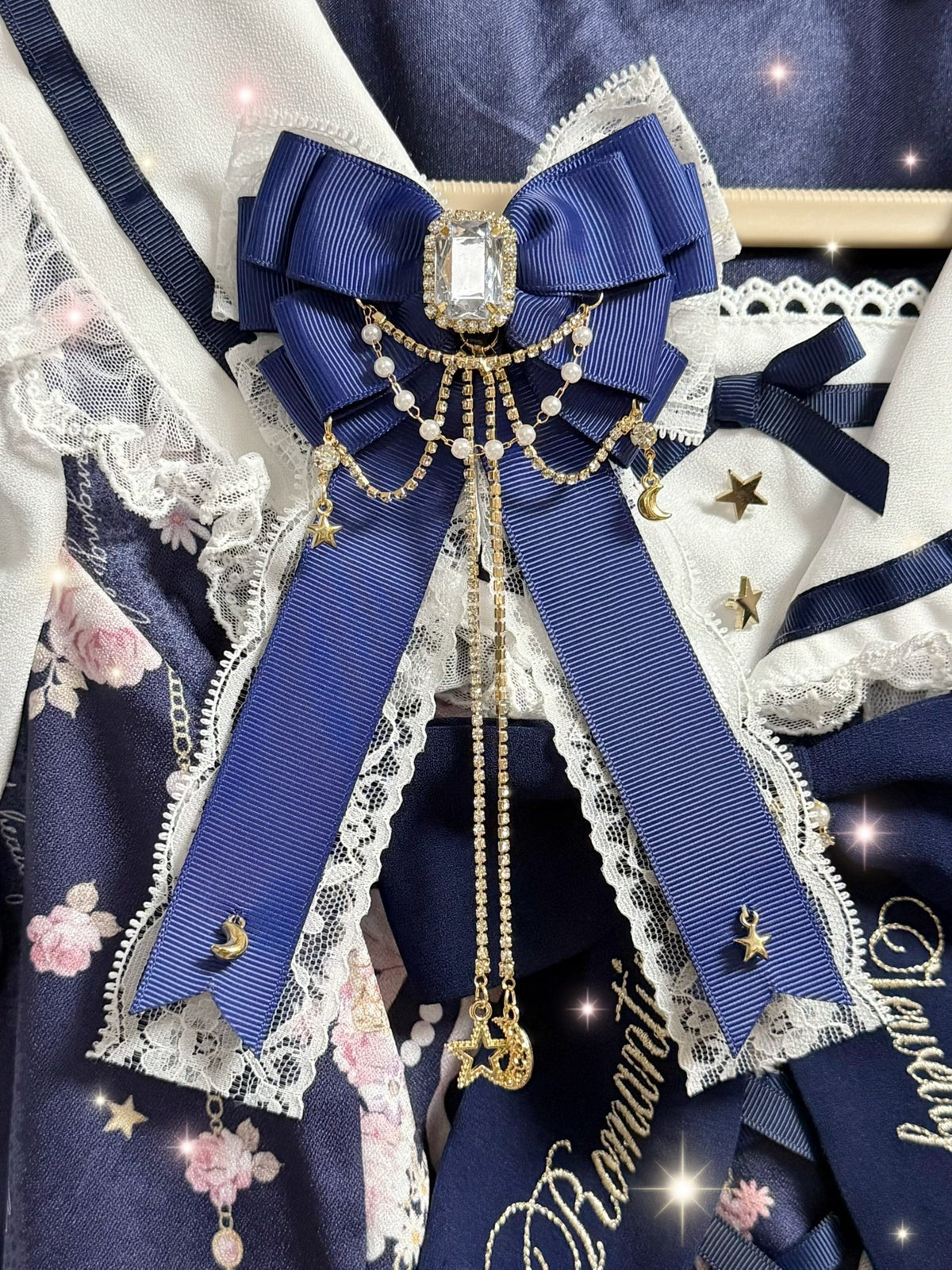 Navy Blue Ribbon Lace Bow Hair Clip Set