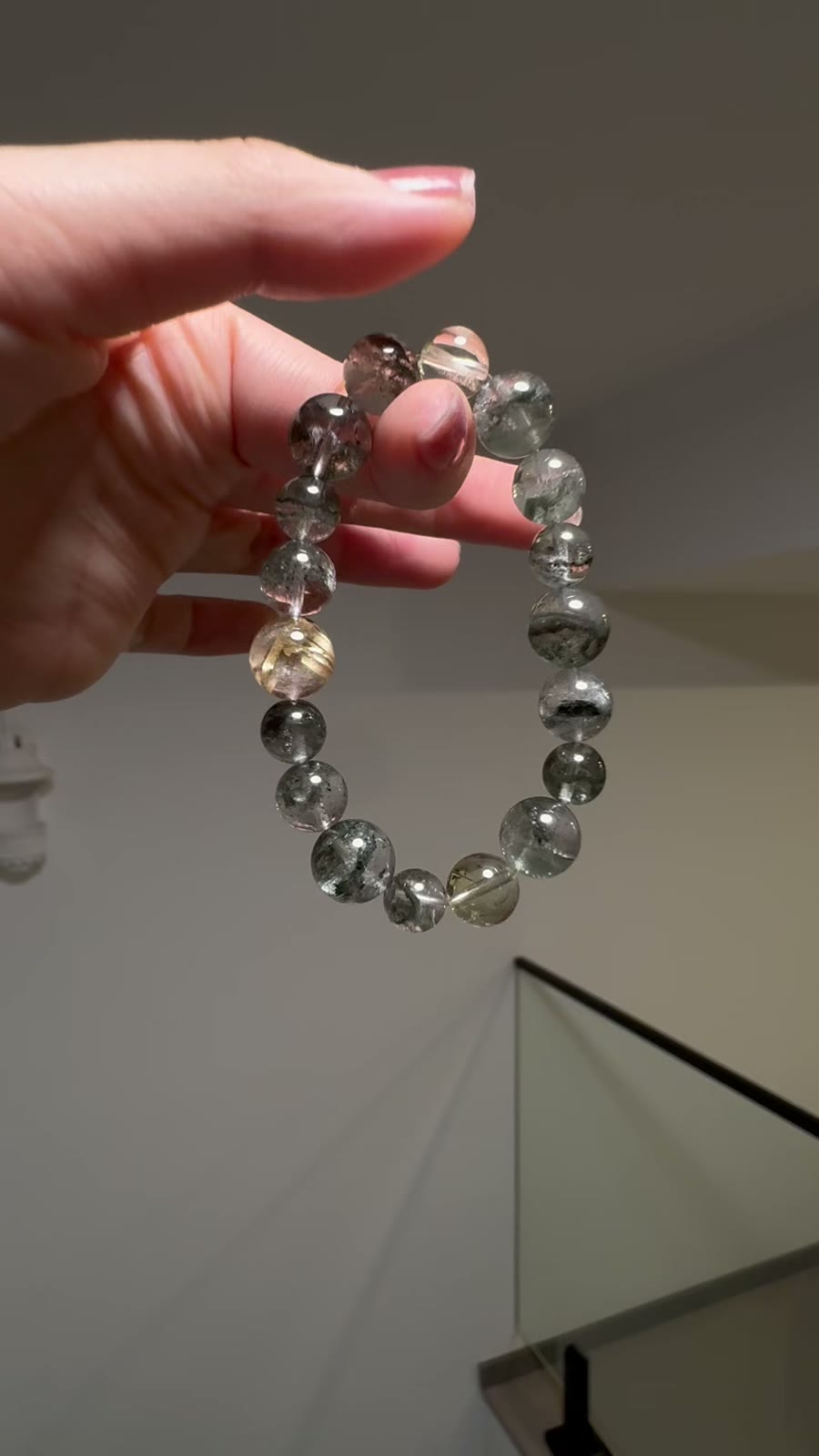 Green Phantom Quartz Gold Rutile Beaded Bracelet