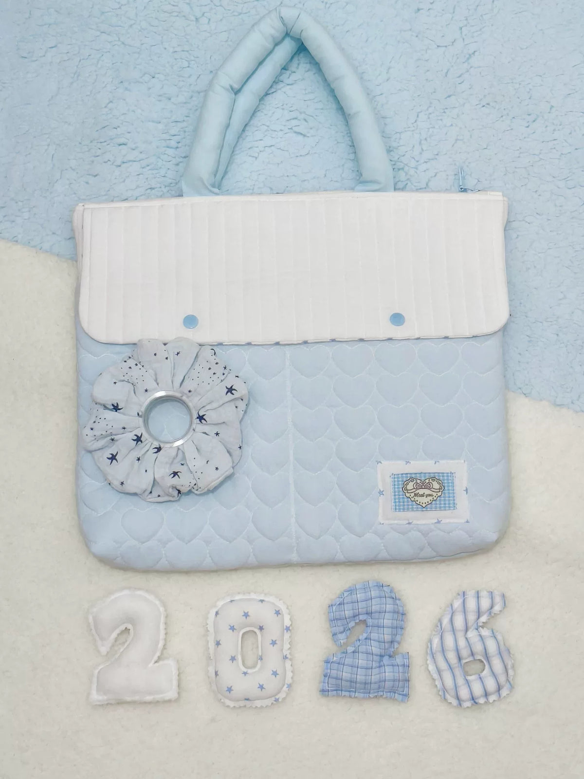 Sac pour ordinateur portable matelassé en coton cœur bleu