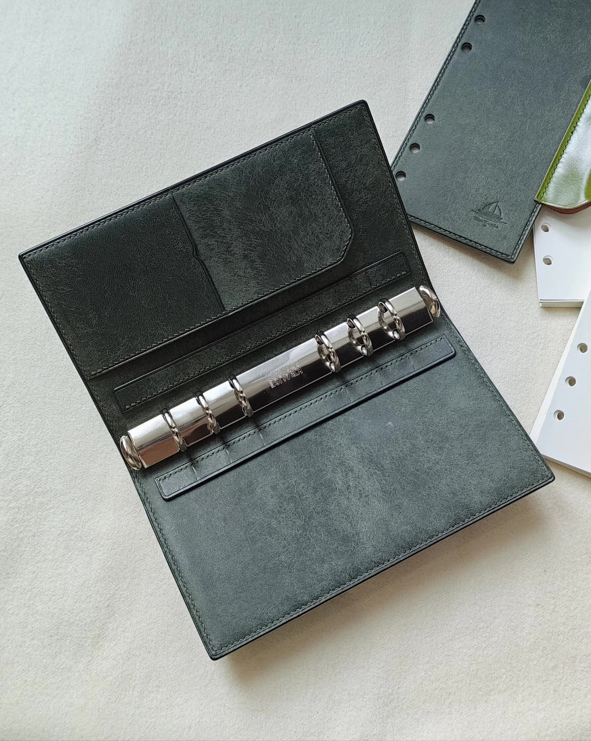 A6 Slim Ring Binder Notebook Green Leather