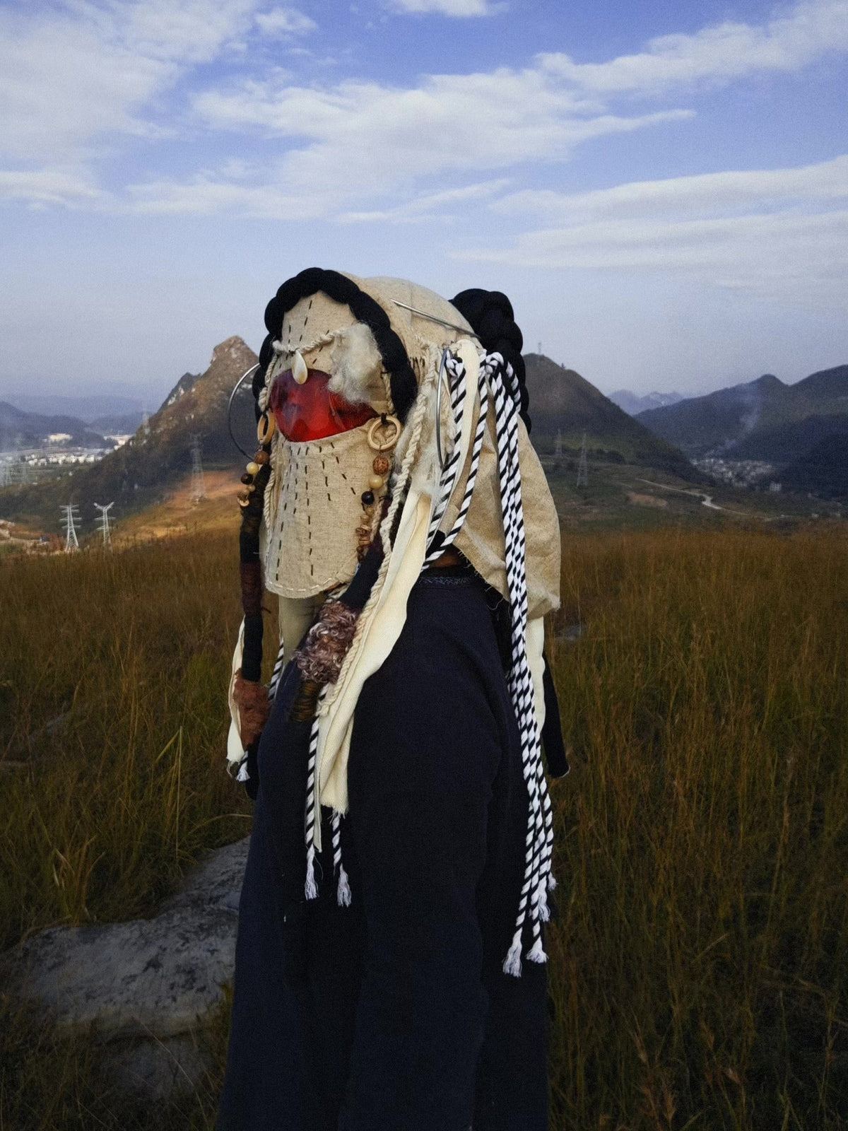 Tibetan Style Hood Mask with Beaded Tassels