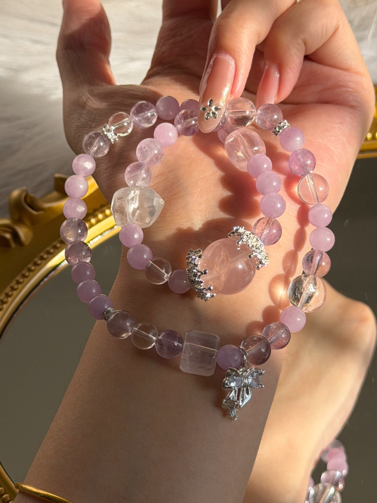 Bracelet en cristaux naturels quartz rose kunzite