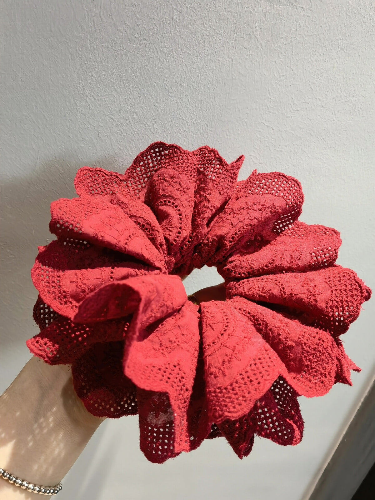 Oversized Wine Red Double Layer Lace Scrunchie