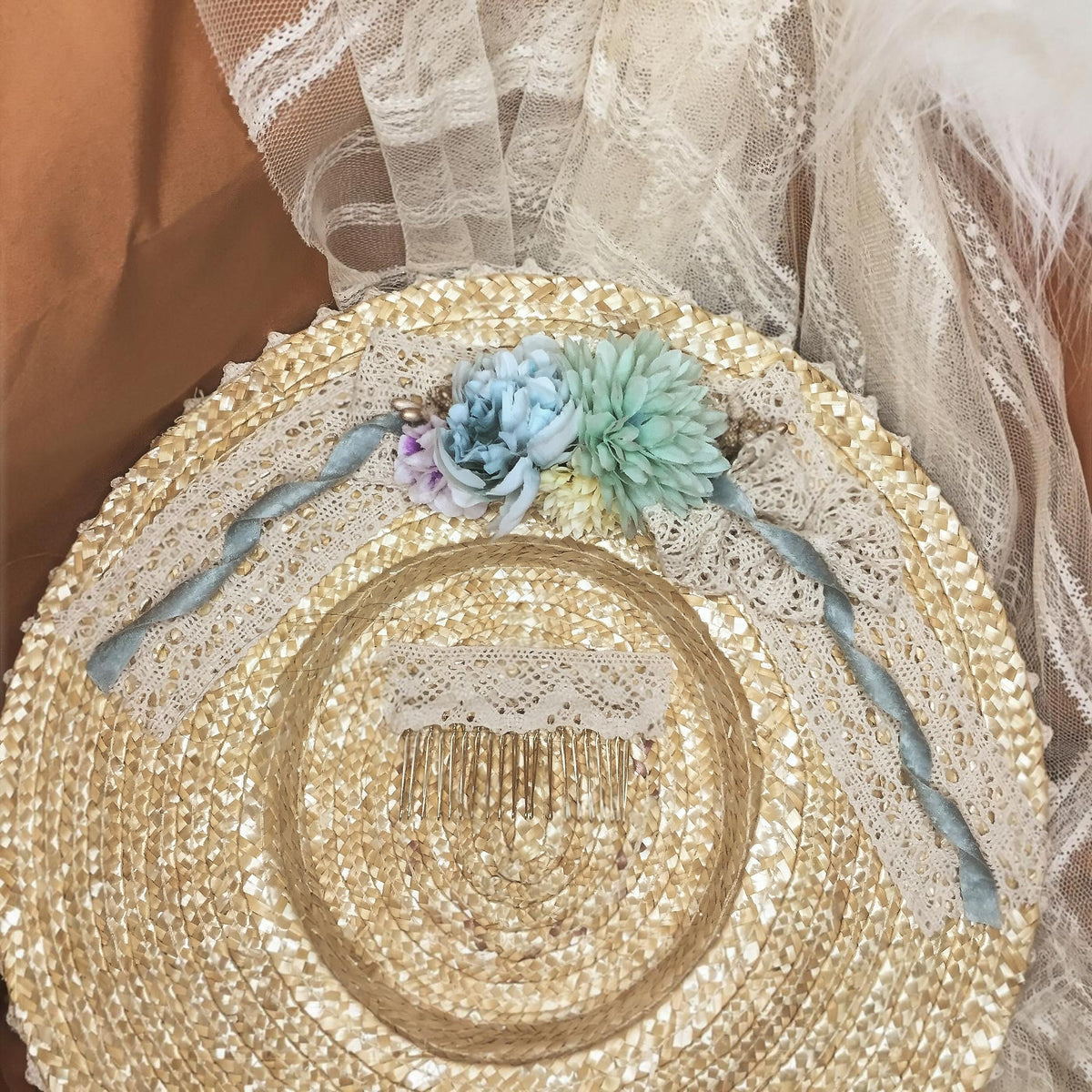 Lolita Straw Flat Hat with Floral Trim