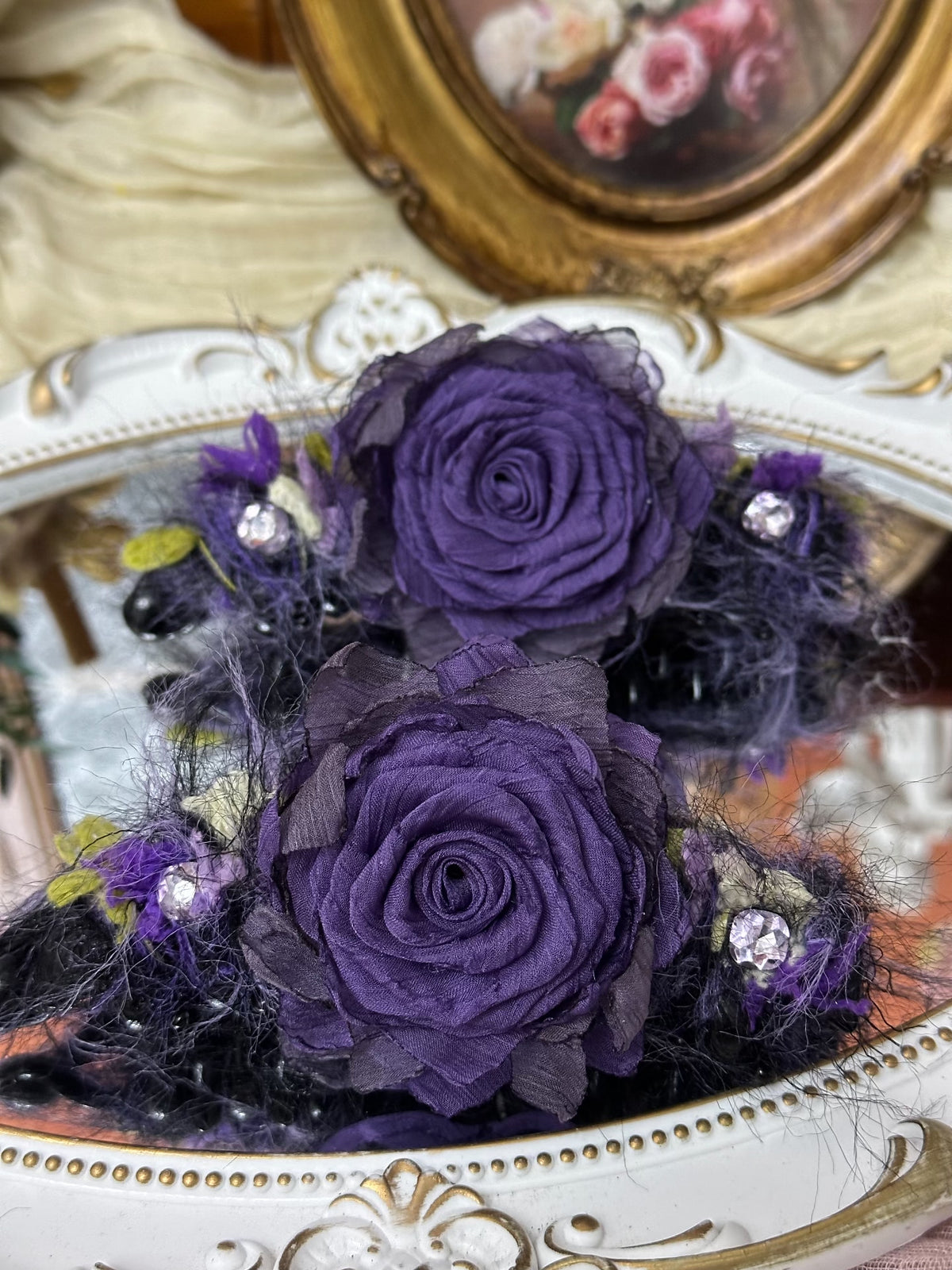 Handcrafted Fabric Rose Banana Clip Dark Purple