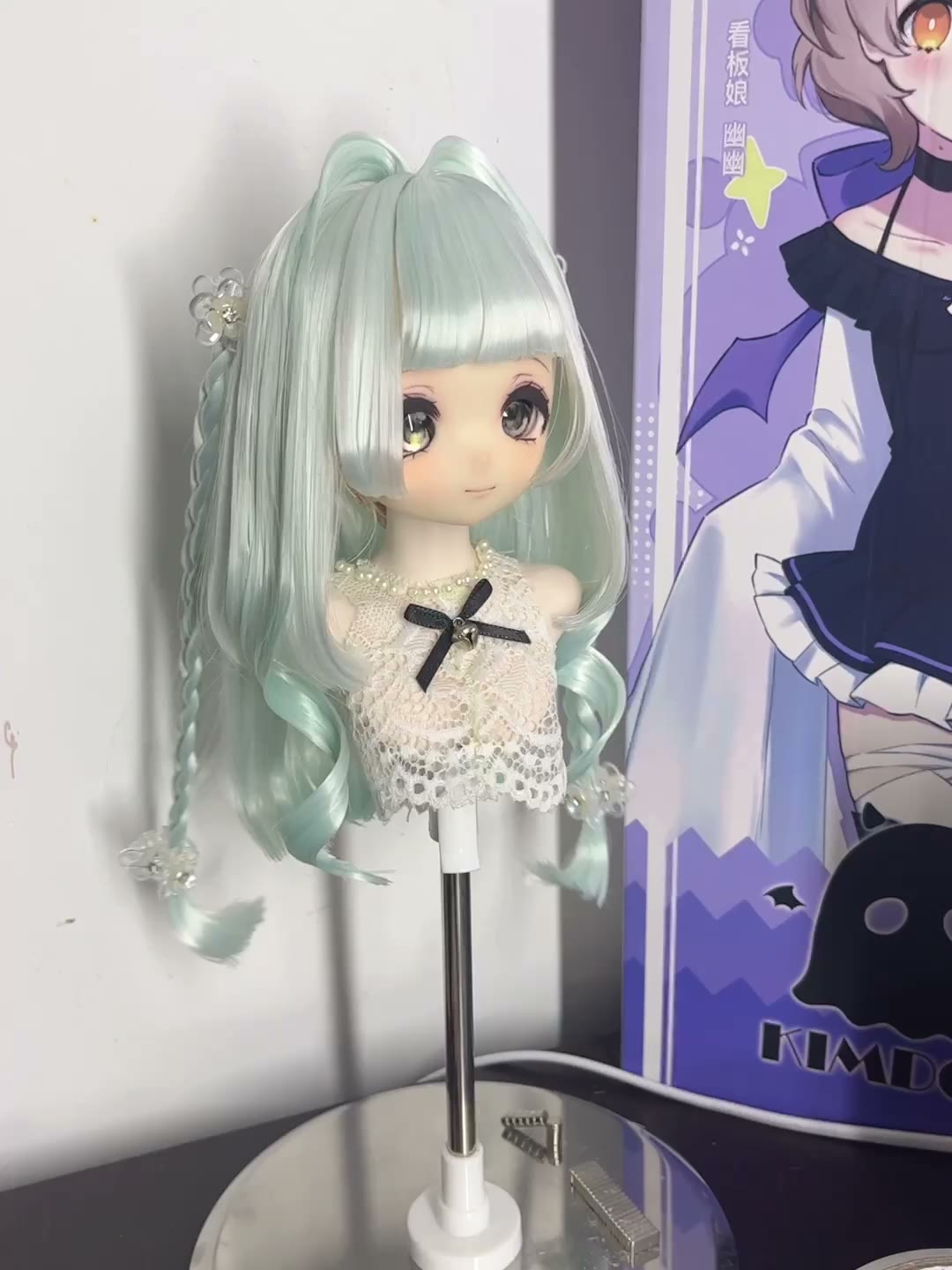 Mint Green Hime Cut Doll Wig with Braids