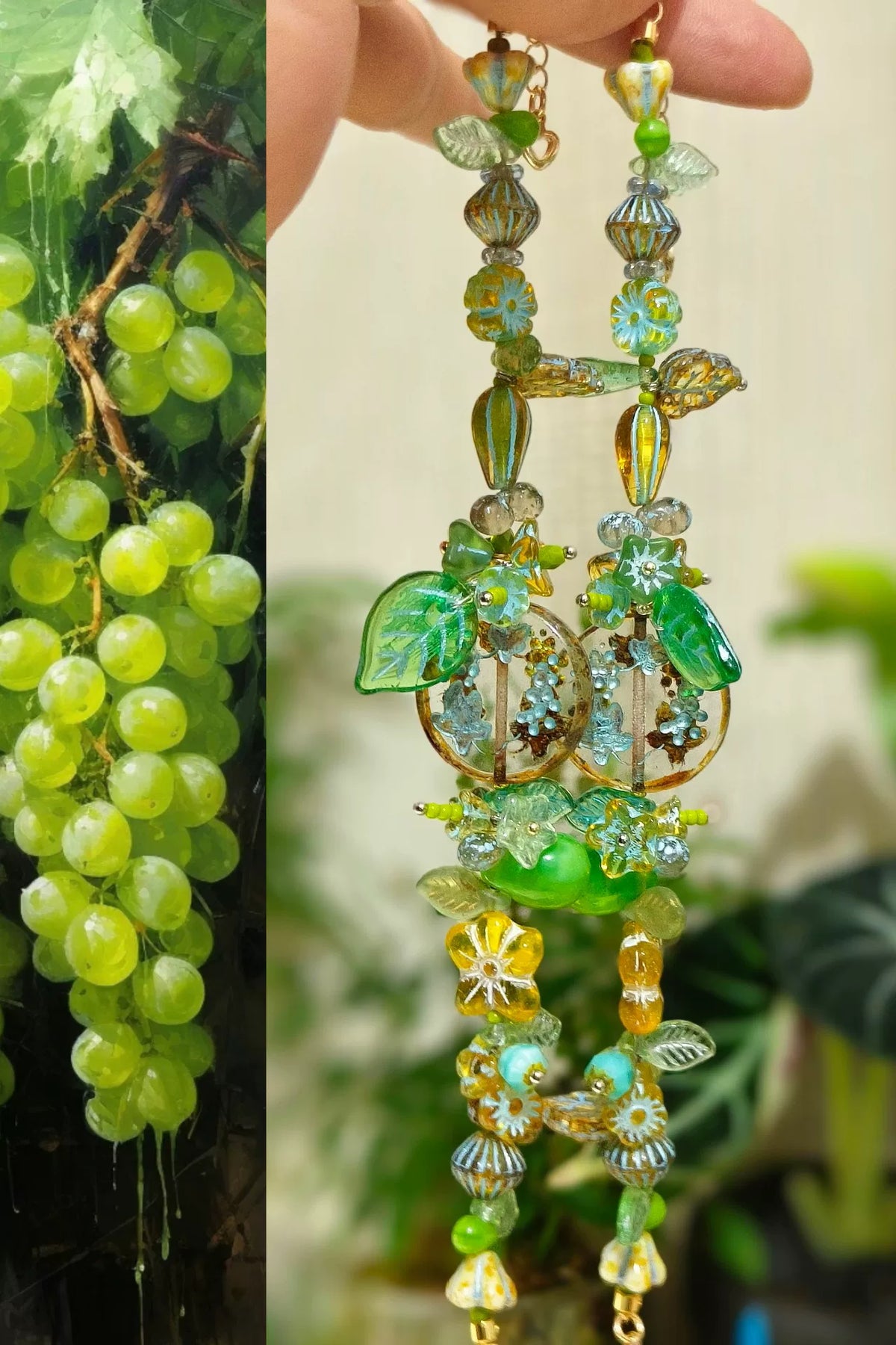 Pulsera de uvas de cristal checo en verde jade