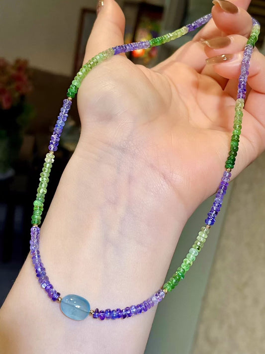 Tsavorite and Tanzanite Gradient Abacus Bead Necklace with Oval Cabochon Center
