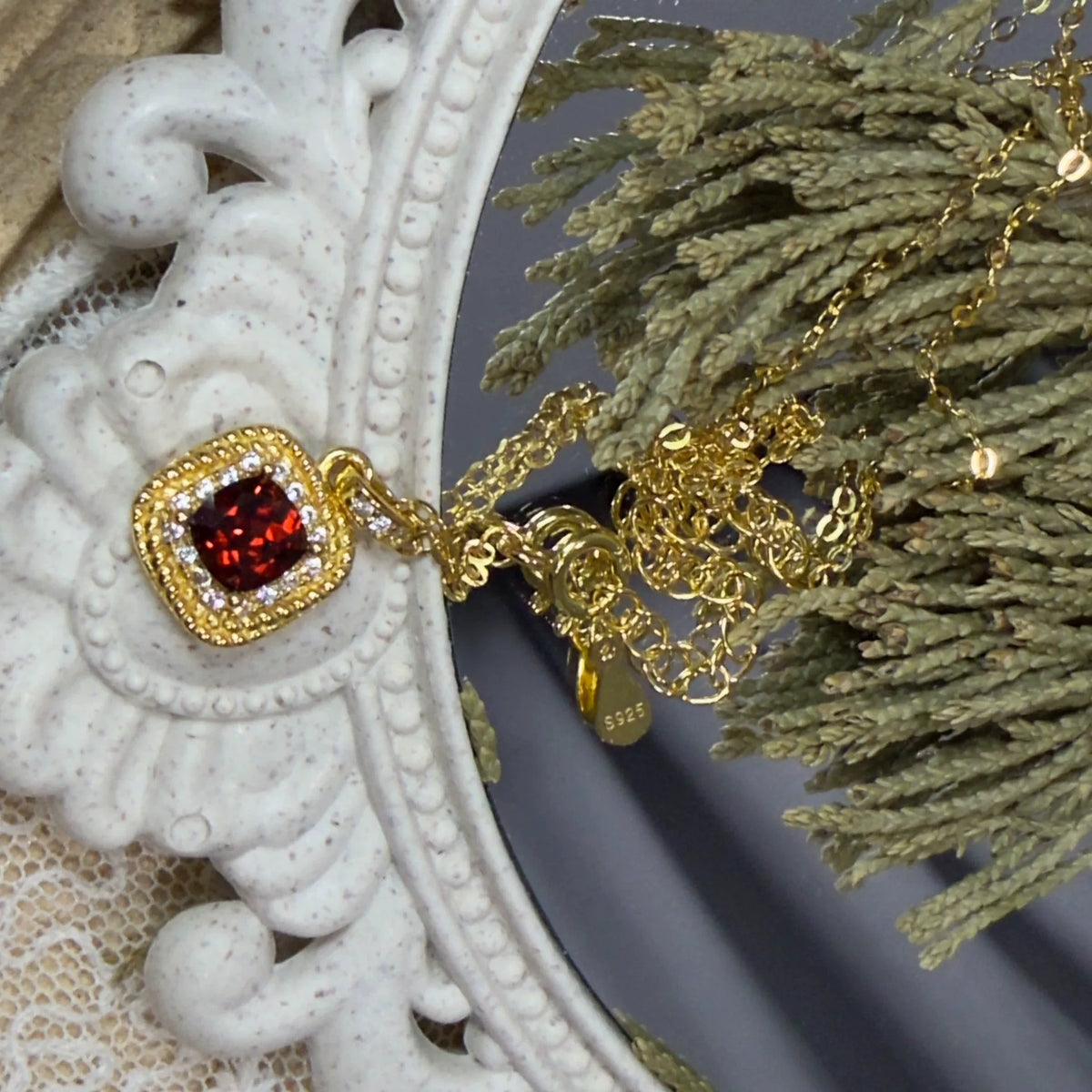 Red Garnet Square Pendant Necklace Gold Plated Silver