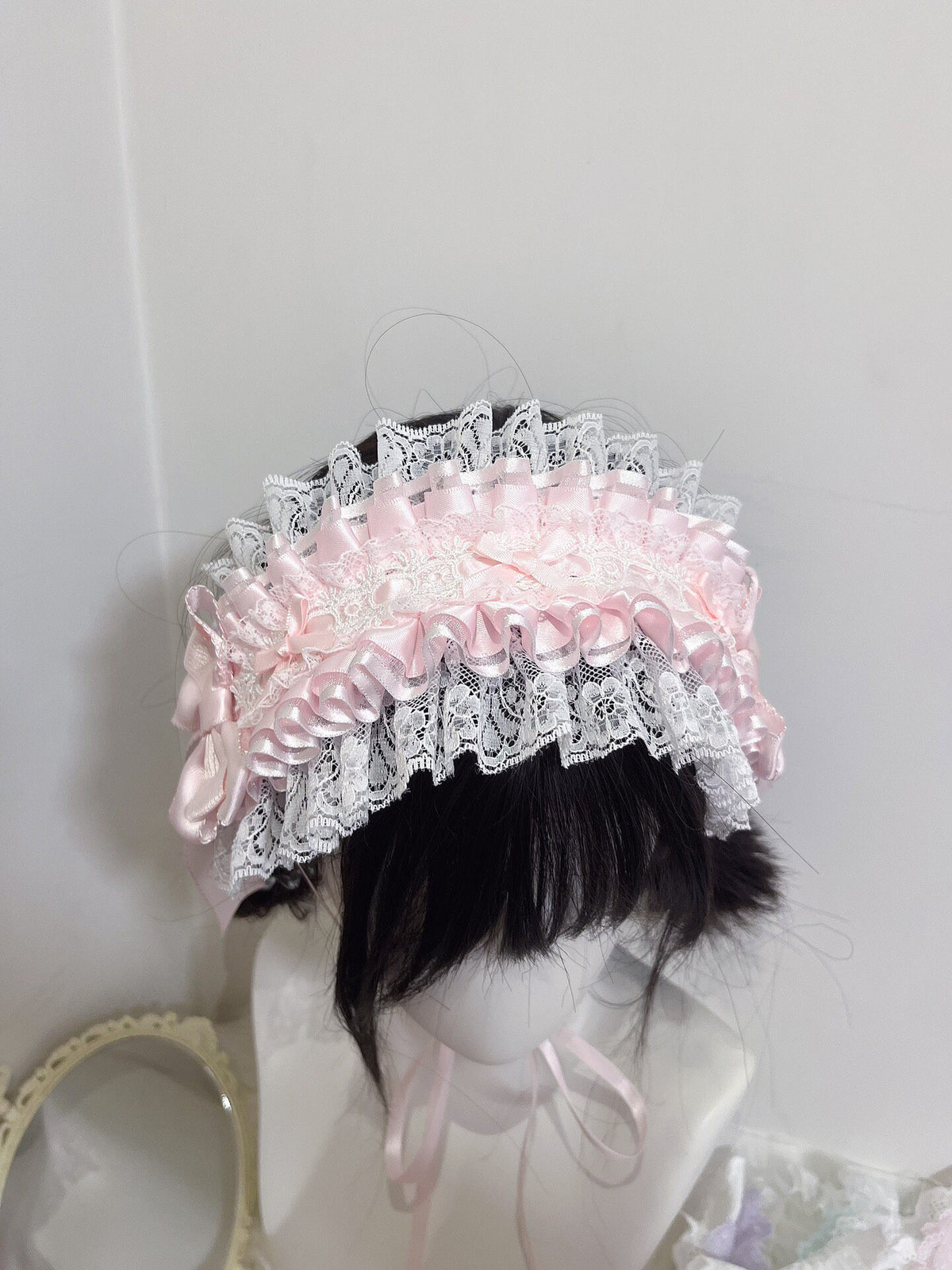 Pink Lace Lolita Headband with Satin Bows