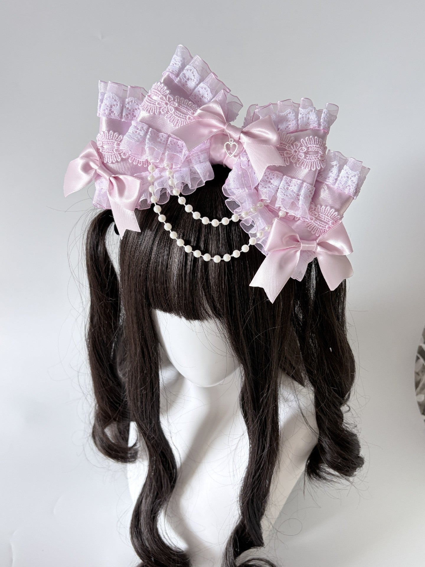 Pink Large Multi-Layer Bow Lolita Headband with Lace and Pearl Charms